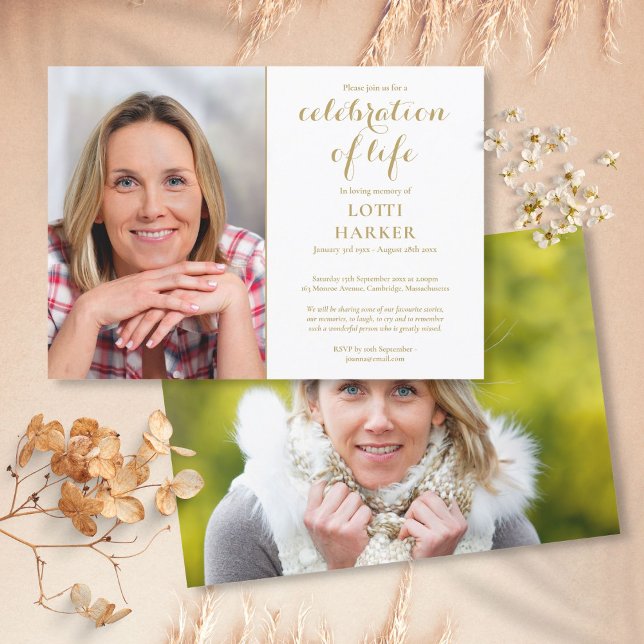 Elegant Gold Celebration of Life Funeral 2 Photo Invitation (Elegant Gold Celebration of Life Funeral 2 Photo Invitation)