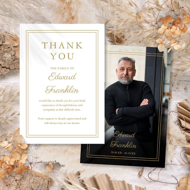 Elegant Gold Celebration Of Life Funeral Photo Thank You Card (Elegant Gold Celebration Of Life Funeral Photo Thank You Card)