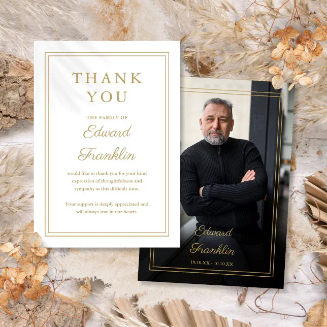 Elegant Gold Celebration Of Life Funeral Photo Thank You Card | Zazzle