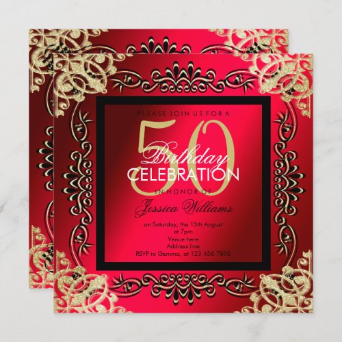 Elegant Gold  Cerise Womens 50th Birthday Invitation