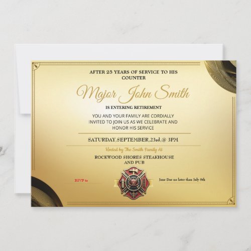 Elegant Gold Certificate Firefighter Retirement  Invitation