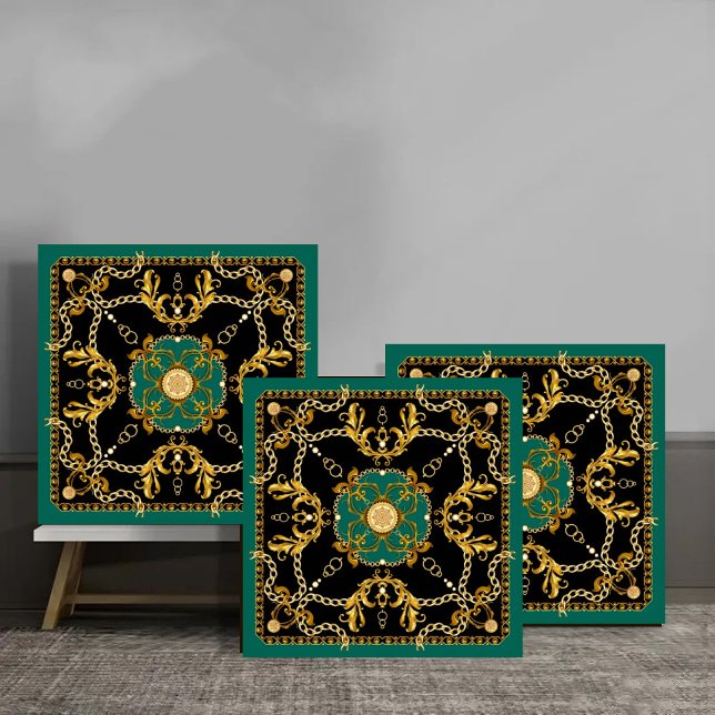 Elegant Gold Chain and Baroque Luxury Green and Bl Ceramic Tile (Creator Uploaded)