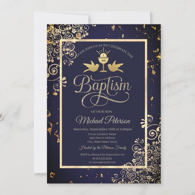 Elegant Gold Chalice Lace Navy Blue Baptism Invitation (Front)