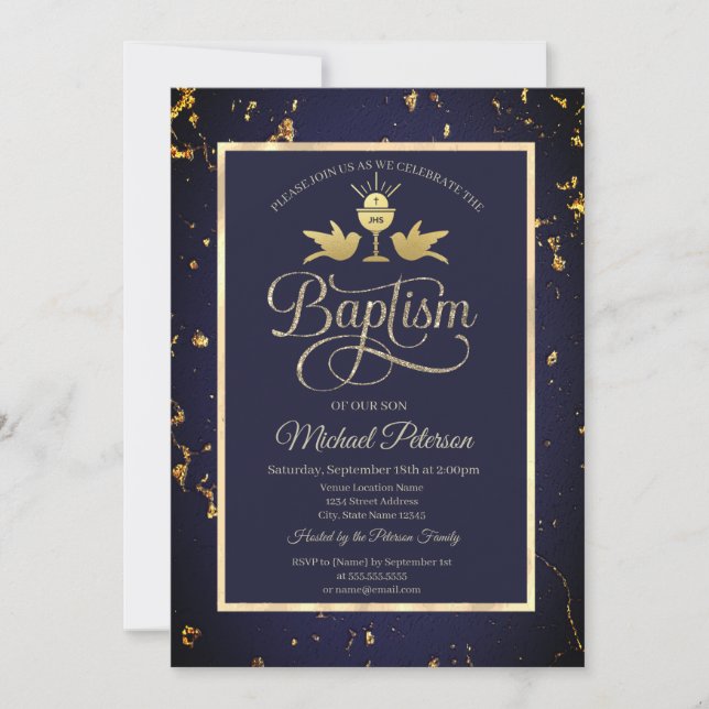 Elegant Gold Chalice Navy Blue Baptism Invitation (Front)