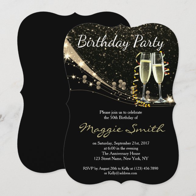 Elegant Gold Champagne Birthday Party Invite (Front/Back)