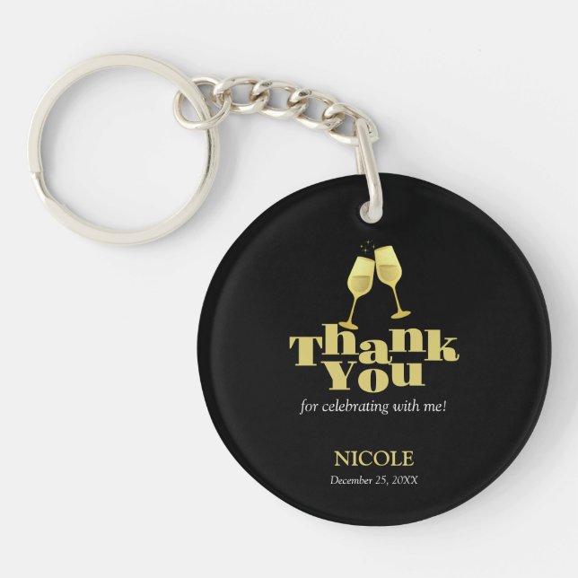 Elegant Gold Champagne Black Birthday Thank You Keychain (Front)