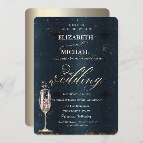 Elegant Gold Champagne Glass Dark Blue Wedding Invitation