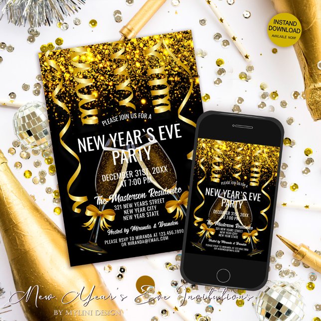Elegant Gold Champagne Glasses New Year's Eve Invitation (Creator Uploaded)