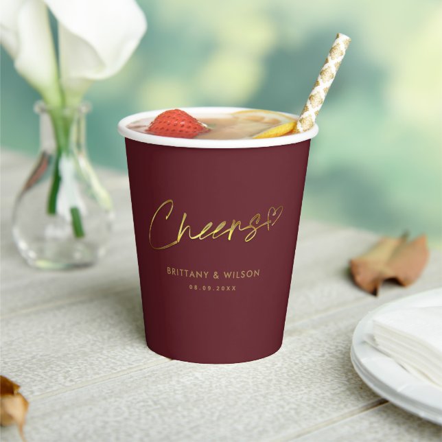 Elegant Gold Cheers Personalized Burgundy Wedding Paper Cups (Insitu)