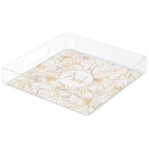 Elegant Gold Cherry Blossom Flowers White Design Acrylic Tray