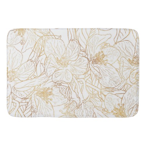 Elegant Gold Cherry Blossom Flowers White Design Bath Mat