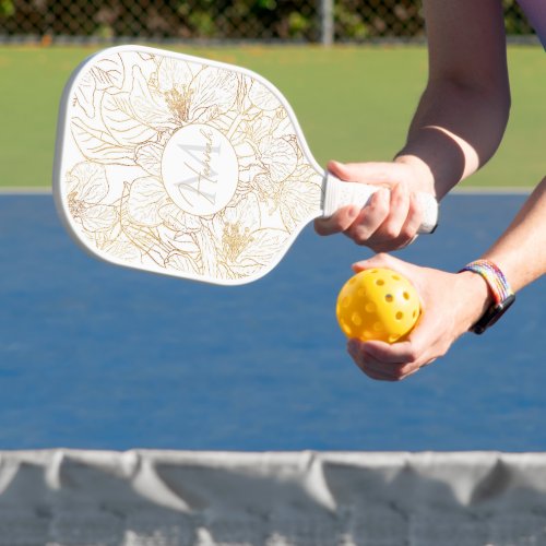 Elegant Gold Cherry Blossom Flowers White Design Pickleball Paddle