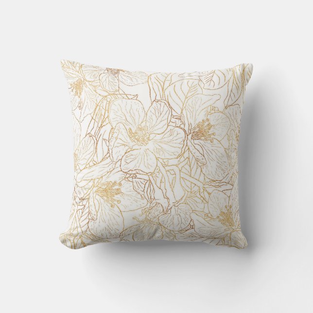 Elegant Gold Cherry Blossom Flowers White Design Throw Pillow (Front)