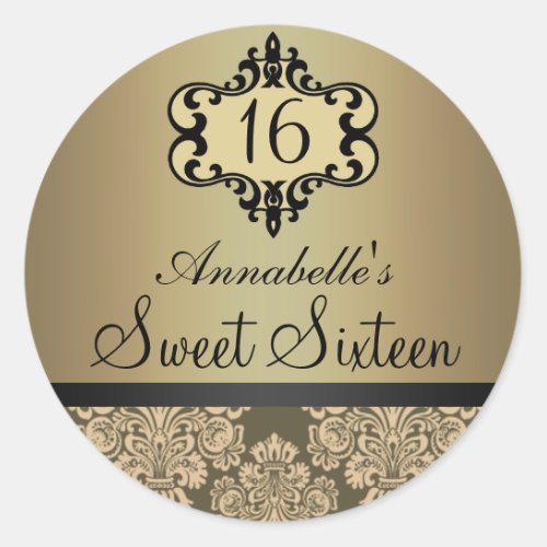 Elegant Gold Chic Damask Sweet 16 Sticker