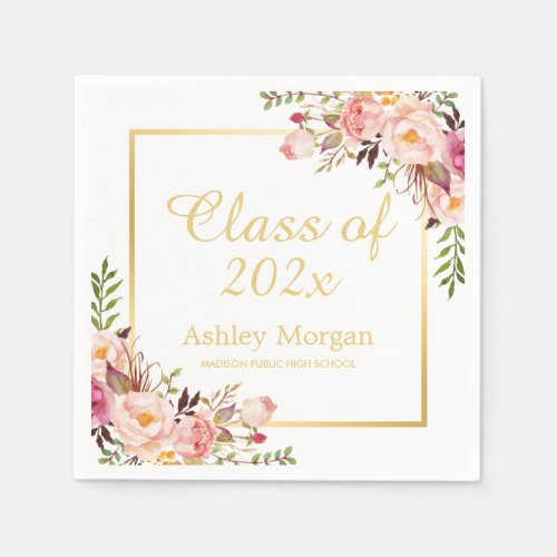 Elegant Gold Chic Floral Graduation Party Napkins