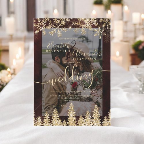 Elegant Gold Chic Winter Christmas Photo Wedding Invitation