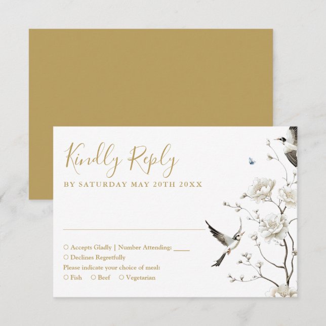 Elegant Gold Chinoiserie Floral Garden Wedding  RSVP Card (Front/Back)