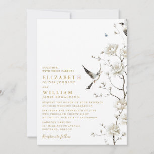 Elegant Gold Chinoiserie Floral QR Code Wedding Invitation