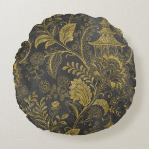 Elegant Gold Chinoiserie Floral Vintage Pagoda Round Pillow
