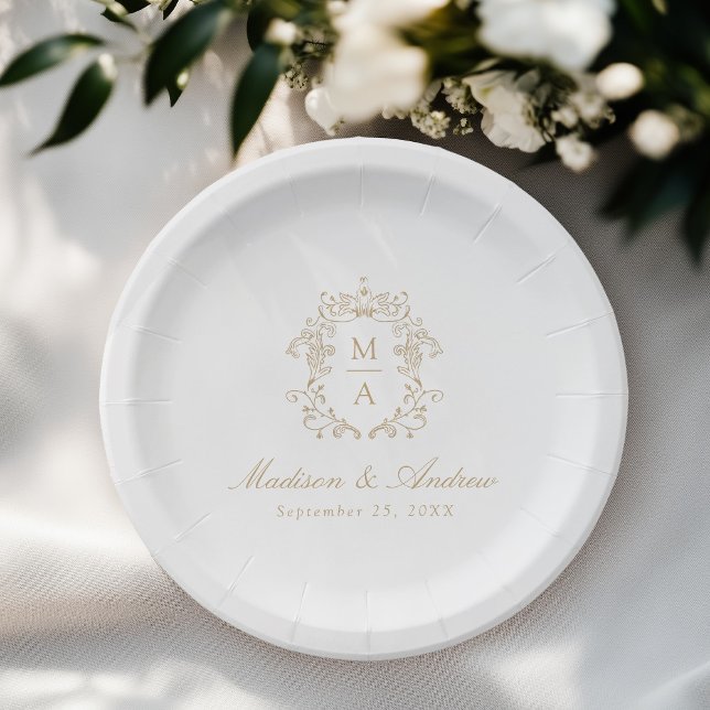 Elegant Gold Chinoiserie Monogram Crest Wedding Paper Plates (Creator Uploaded)