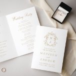 Elegant Gold Chinoiserie Monogram Crest Wedding Program<br><div class="desc">Elevate your wedding ceremony with this luxurious folded wedding program, adorned with a stunning baroque-style crest surrounding the couple's monogram initials. Blending Victorian charm with Chinoiserie-inspired elegance, the design features the couple's names, wedding date, and location in radiant gold text. The inside includes the ceremony order of service and a...</div>