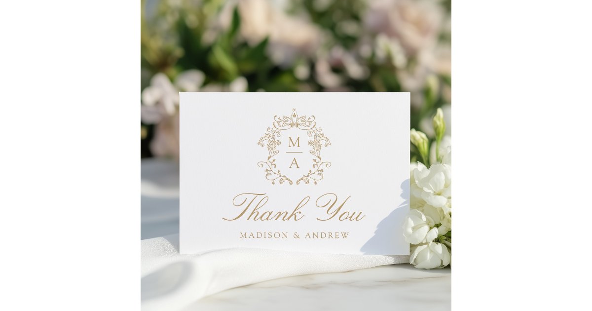 Elegant Gold Chinoiserie Monogram Crest Wedding Thank You Card | Zazzle