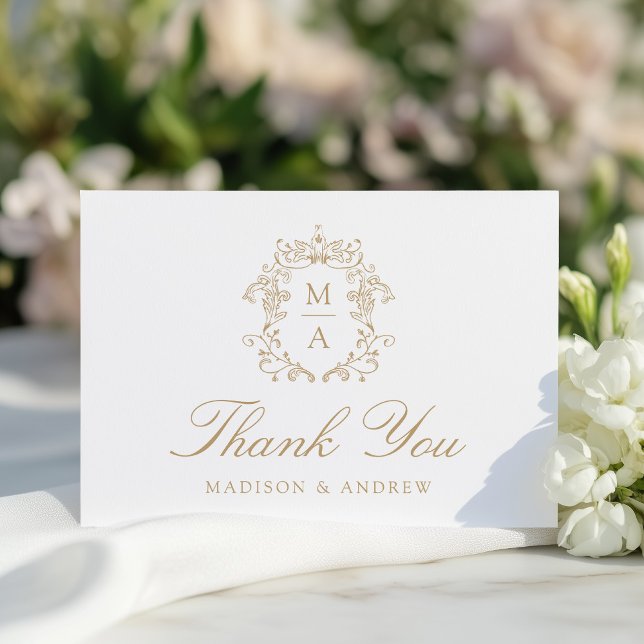 Elegant Gold Chinoiserie Monogram Crest Wedding Thank You Card (Creator Uploaded)