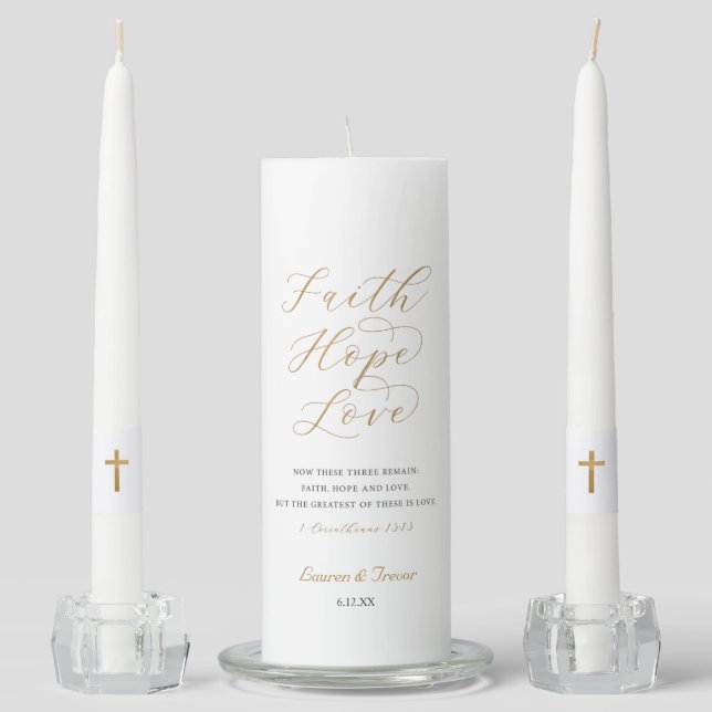 Elegant Gold Christian Wedding Unity Candle Set (Front)