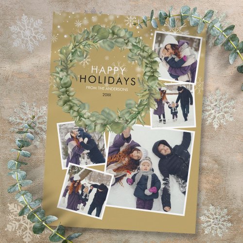 Elegant Gold Christmas 5 Photo Collage Greenery Holiday Card