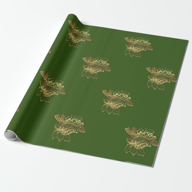 Elegant Gold Christmas Bell,Green Holiday Wrapping Paper (Unrolled)