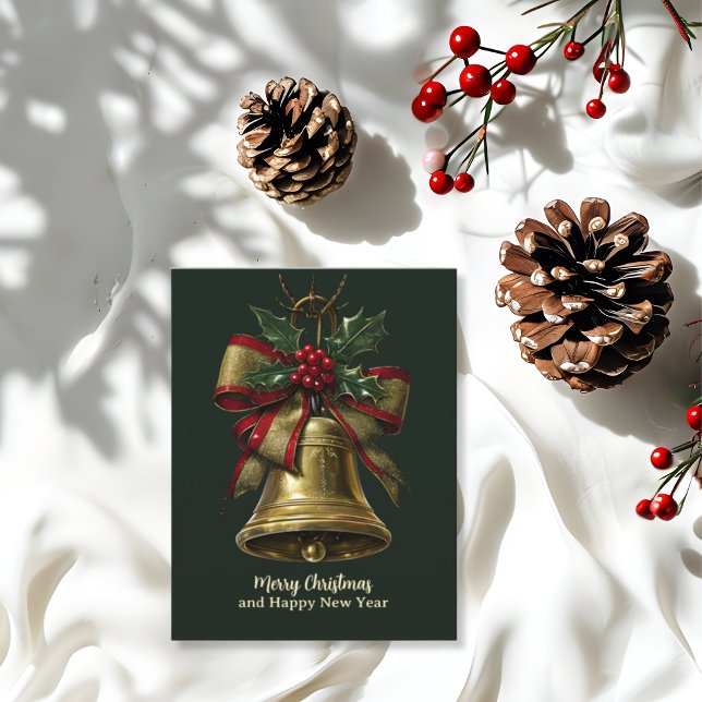 Elegant Gold Christmas Bell with Festive Bow Holly Holiday Postcard (Creator Uploaded)