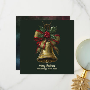 Elegant Gold Christmas Bell with Festive Bow Holly Thank You Card