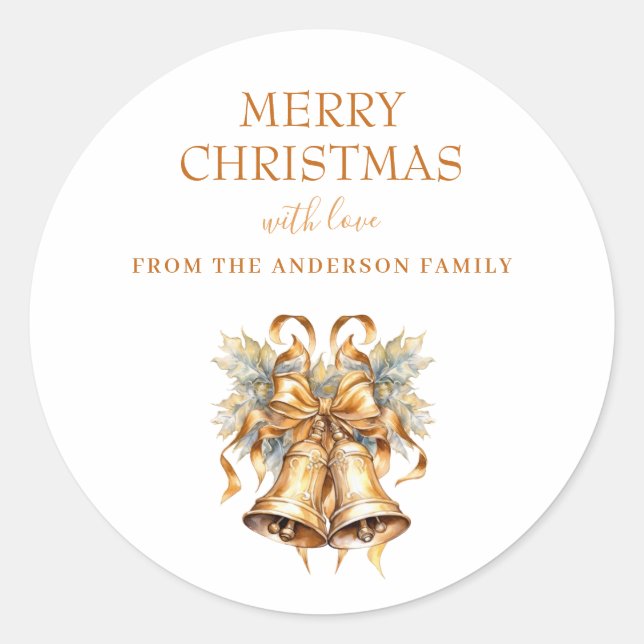 Elegant Gold Christmas Bells Custom Classic Round Sticker (Front)