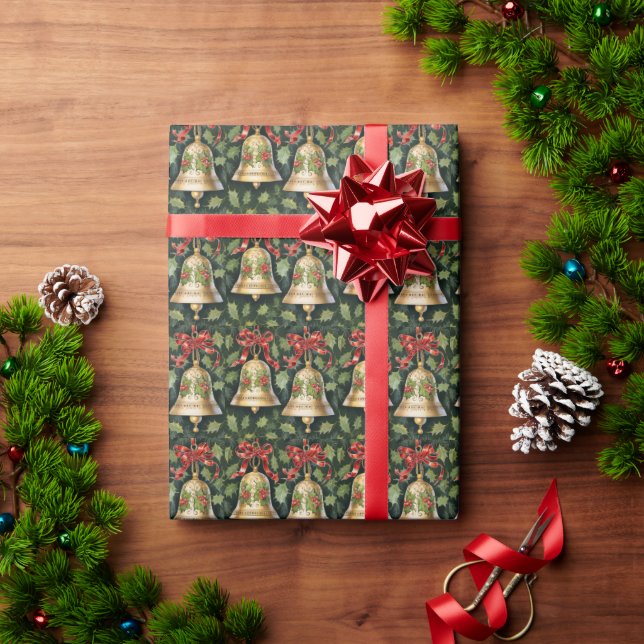 Elegant Gold Christmas Bells Red Bow, Green Holly Wrapping Paper (Holiday Gift)