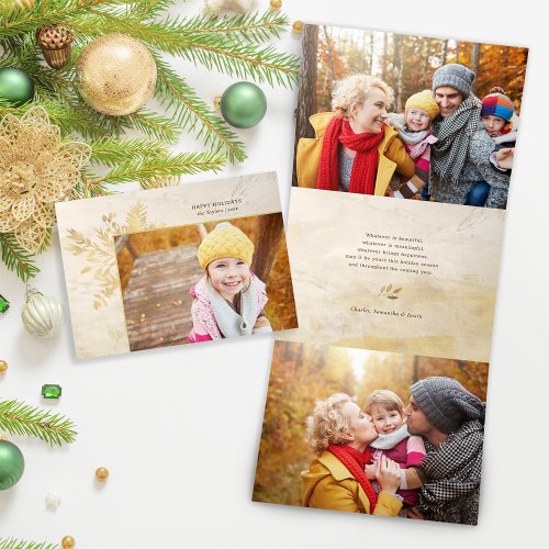 Elegant Gold Christmas Botanical Photo Tri_Fold Holiday Card