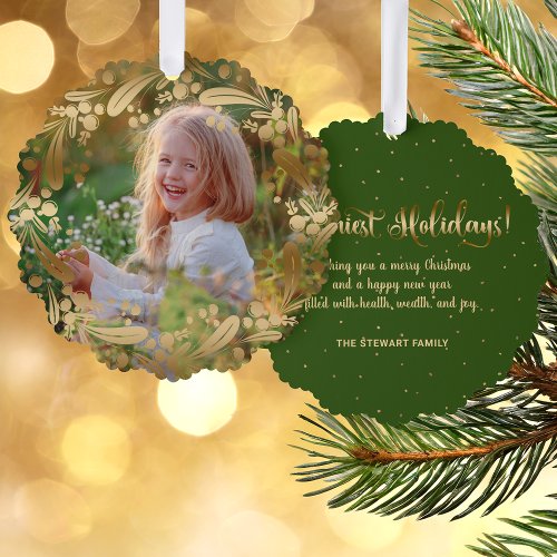 Elegant Gold Christmas Botanical Wreath Photo Ornament Card