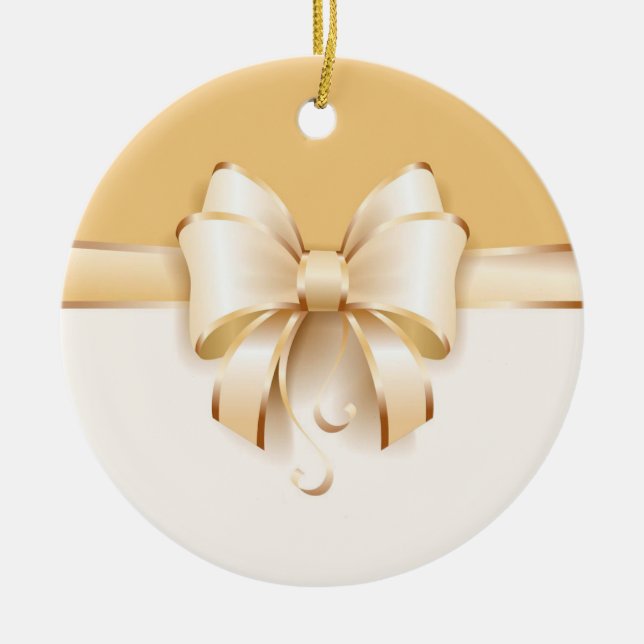 Elegant Gold Christmas Bow Ceramic Ornament (Front)