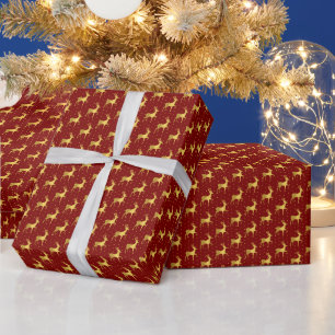 Elegant Gold Christmas Deer On Red Dot Wrapping Paper