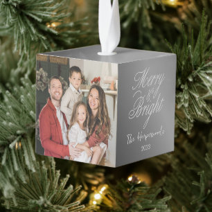 Elegant Gold Christmas Family 3 Photo Modern Cube Ornament