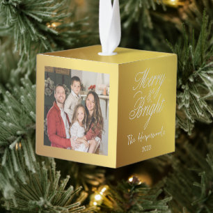 Elegant Gold Christmas Family 3 Photo Modern Cube Ornament