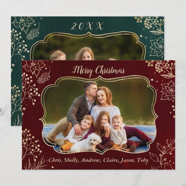 Elegant Gold Christmas Floral 2 Photo Frame Holiday Card (Front/Back)