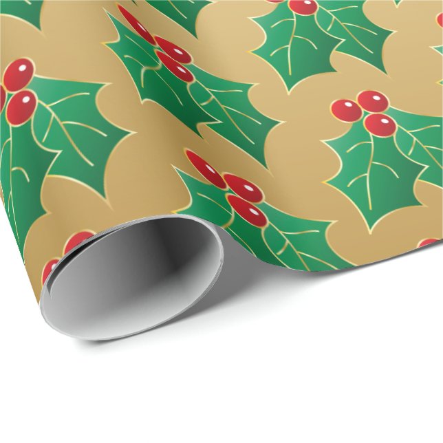 Elegant Gold Christmas Holly Gift Wrap (Roll Corner)