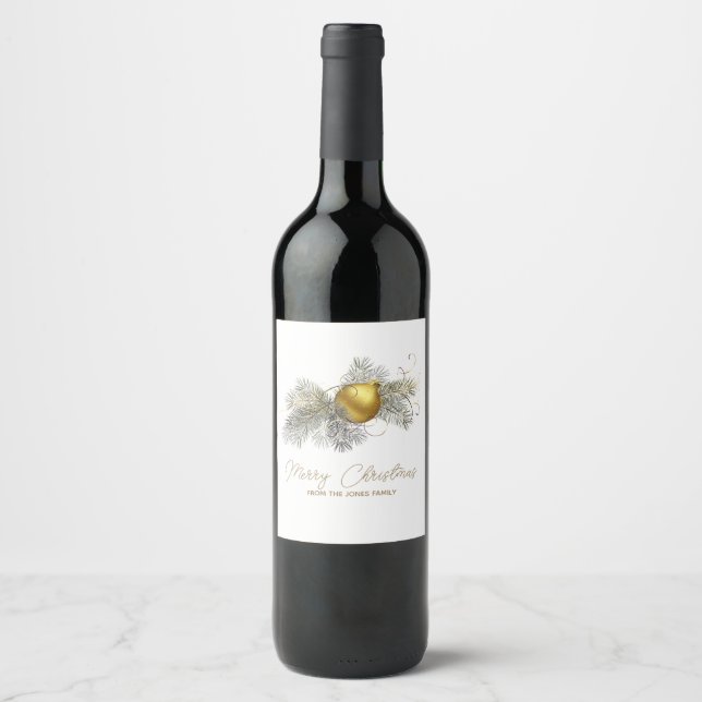 Elegant gold Christmas Ornament Party Wine Label (Front)