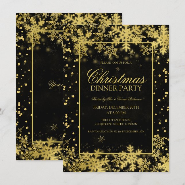 Elegant Gold Christmas Party Winter Snowflakes Invitation (Front/Back)