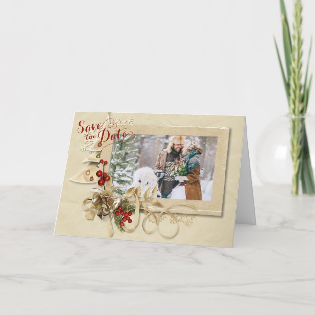 Elegant Gold Christmas Photo Save the Date Holiday Card (Front)