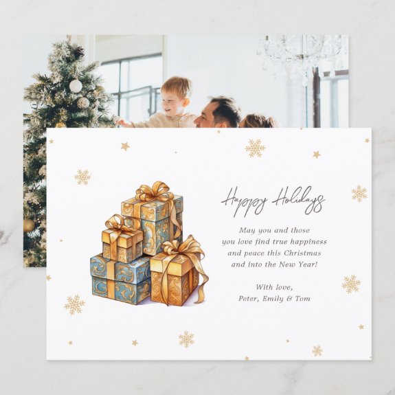Elegant Gold Christmas Presents Snowflake Photo Holiday Card