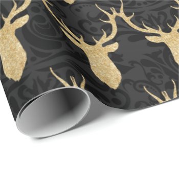 Elegant Gold Christmas Reindeer On Black Damask Wrapping Paper by MagnoliaVintage at Zazzle