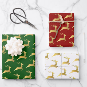 Elegant Gold Christmas Reindeer Pattern Wrapping Paper Sheets