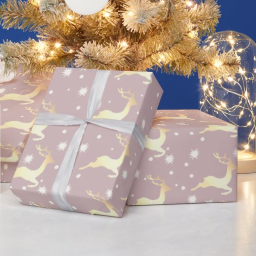 Elegant Gold Christmas Reindeer Snowflake Pattern Wrapping Paper