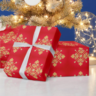 Elegant Gold Christmas Snowflake On Red Wrapping Paper